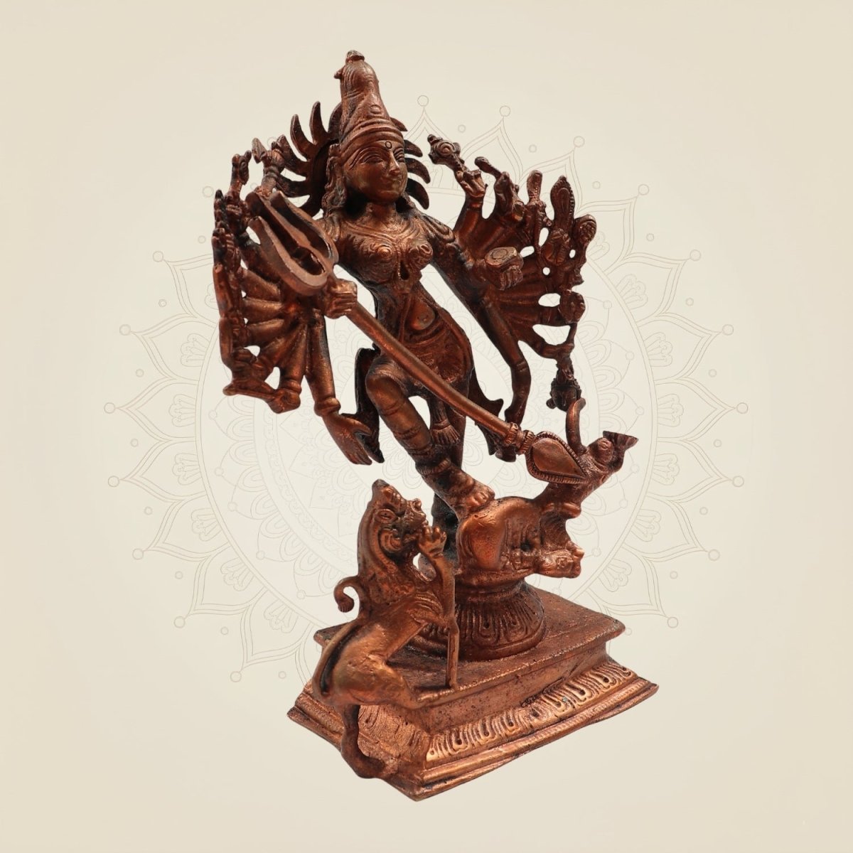 Goddess Durga Mahishasura Mardini Handcrafted Copper Idol 7" - Luxeartisanship