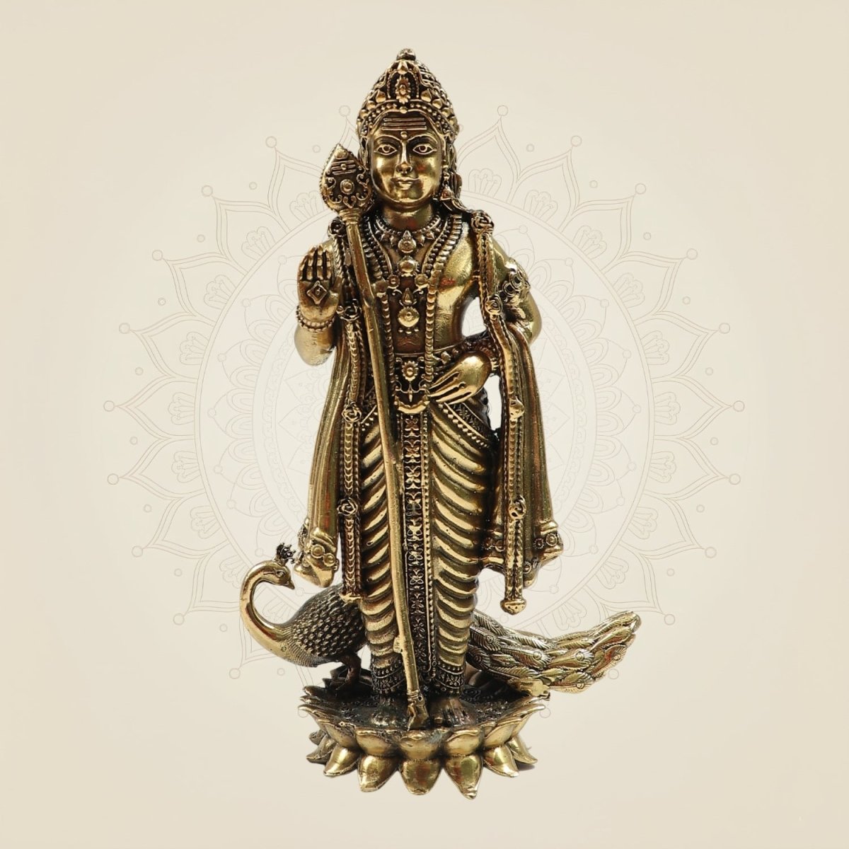 Handcrafted Lord Murugan Brass Statue with Peacock for Temple & Gift "6 - Luxeartisanship