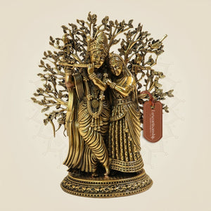 Handcrafted Pure Brass Radha Krishna Idol with Tree of Life – 6.25 Inch - Luxeartisanship