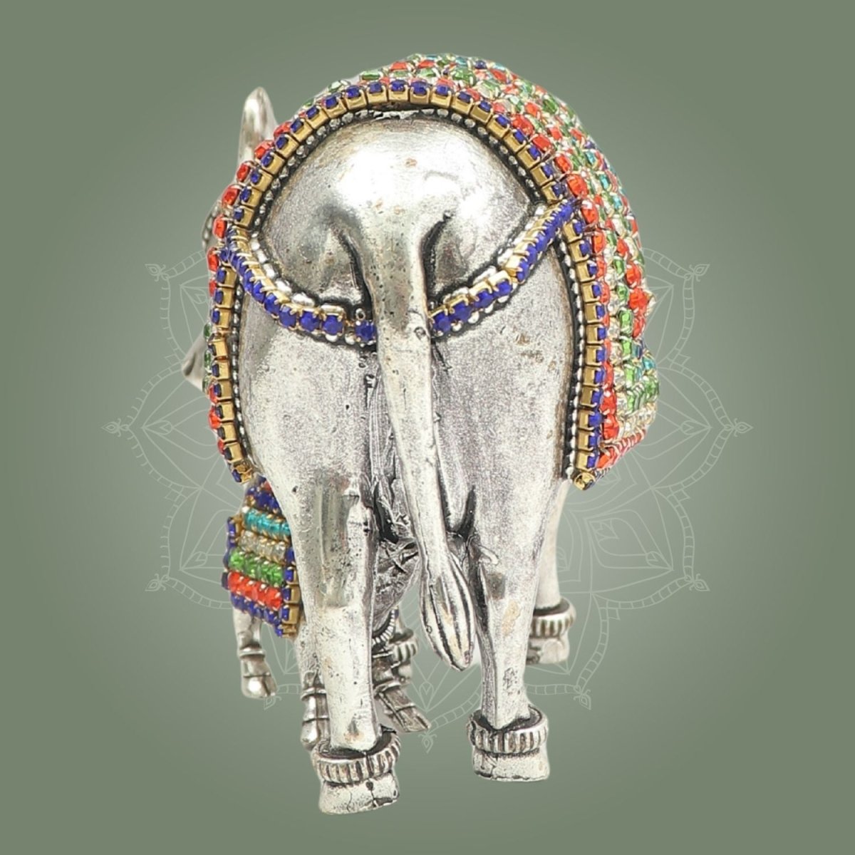Kamdhenu Cow with Calf Idol 3.5" Silver - Plated Brass with Jewellery Stone Work - Luxeartisanship