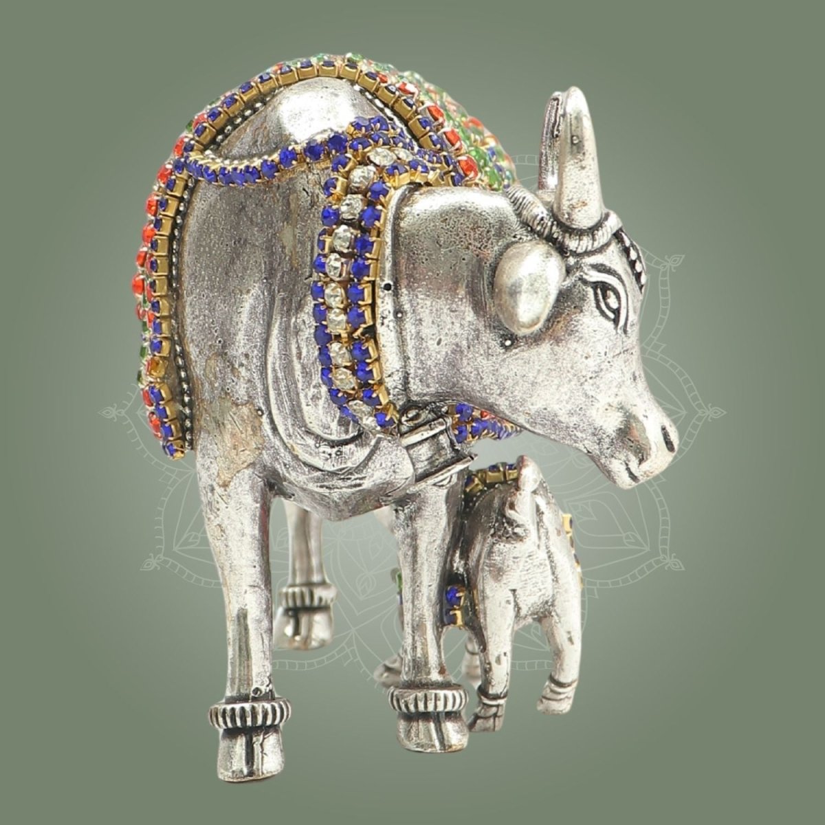 Kamdhenu Cow with Calf Idol 3.5" Silver - Plated Brass with Jewellery Stone Work - Luxeartisanship