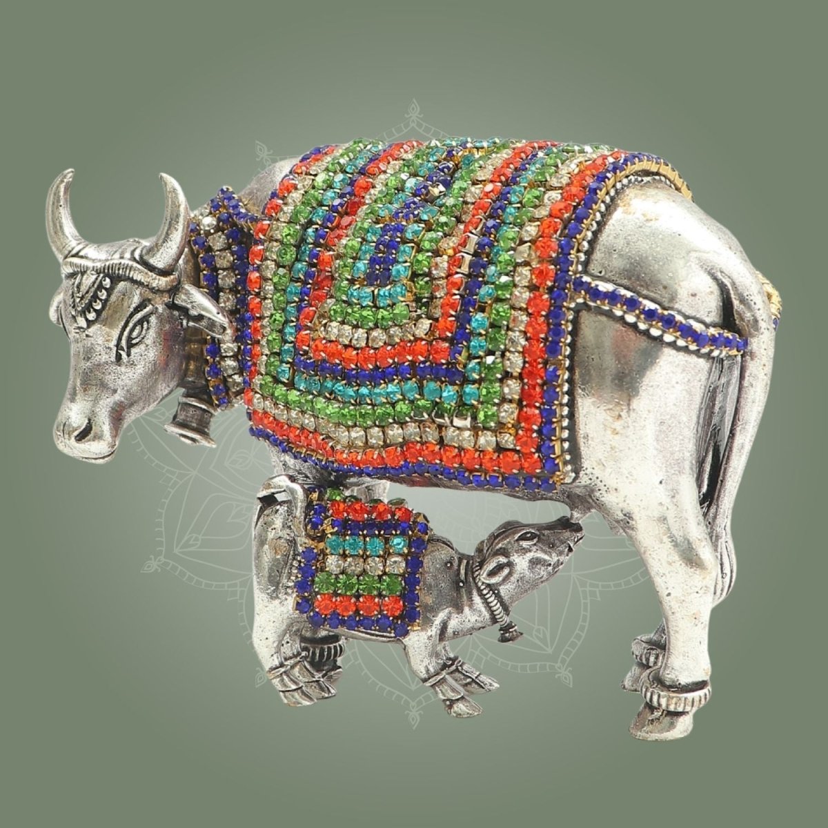 Kamdhenu Cow with Calf Idol 3.5" Silver - Plated Brass with Jewellery Stone Work - Luxeartisanship