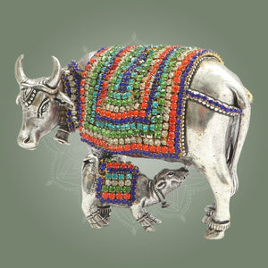 Kamdhenu Cow with Calf Idol 3.5" Silver - Plated Brass with Jewellery Stone Work - Luxeartisanship