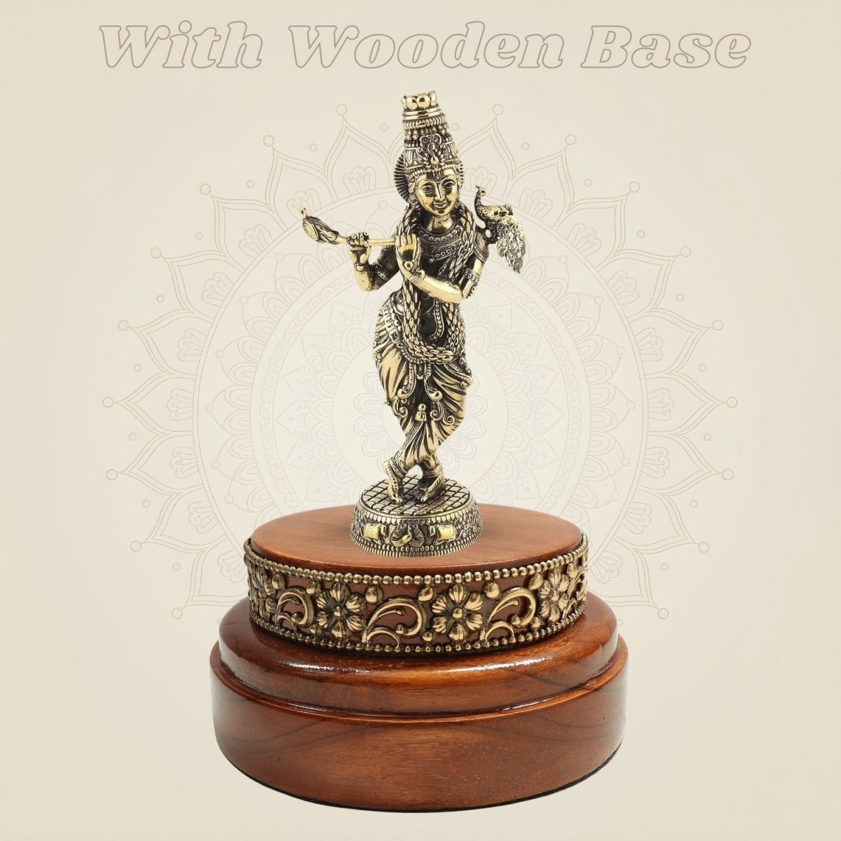 Krishna Playing the Flute Brass Idol 6.5" Displayed on a Round Wooden Platform - Luxeartisanship