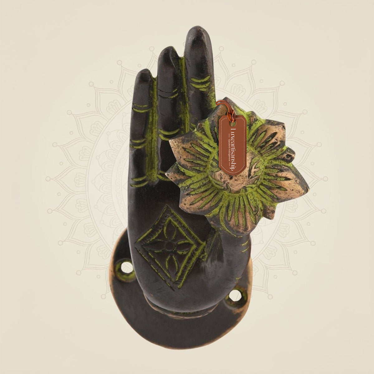 Antique Brass Buddha Door Handle 4.5" Hand Mudra with Lotus Design