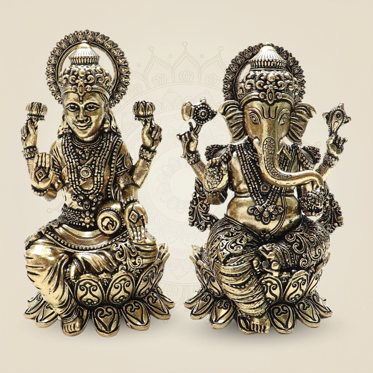 Lakshmi and Ganesha Brass Idol Set – Lotus Seated Prosperity 4" - Luxeartisanship