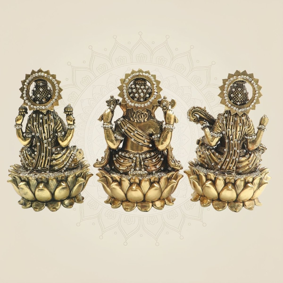 Lakshmi Ganesha Saraswati Brass Idol Set with Sparkling Stone Detail 6" - Luxeartisanship