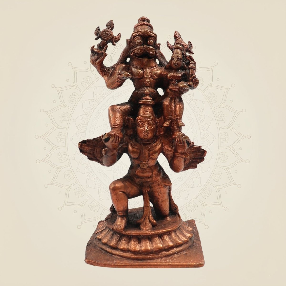 Lakshmi Narasimha on Garuda Copper Idol 4.25 "– Handcrafted Divine Statue - Luxeartisanship