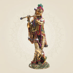 Large Krishna Brass Idol with Jewellery Stone Work 12" - Luxeartisanship
