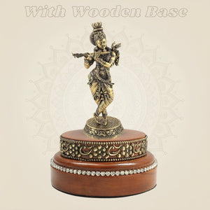 Lord Krishna Brass Idol 6" Cast in Brass with Round Wooden Base - Luxeartisanship