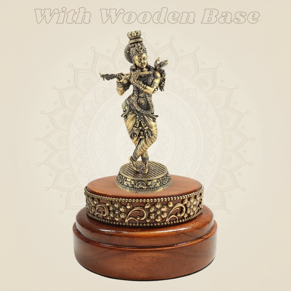 Lord Krishna Brass Statue with Peacock Motif Presented on a Wooden Base