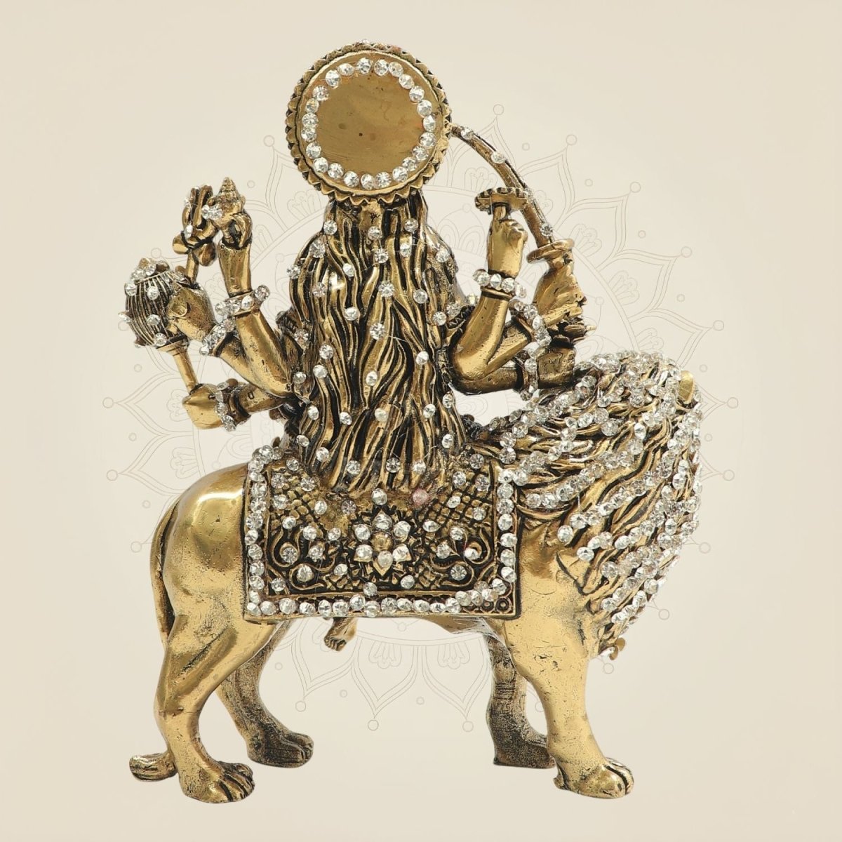 Maa Durga Brass Idol 6" Seated on Lion with Jewellery Stone Accents - Luxeartisanship