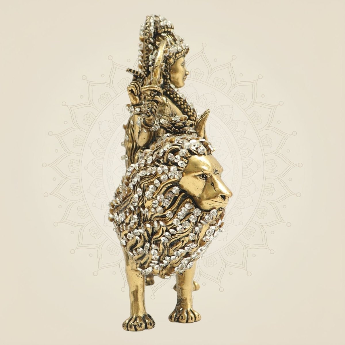 Maa Durga Brass Idol 6" Seated on Lion with Jewellery Stone Accents - Luxeartisanship