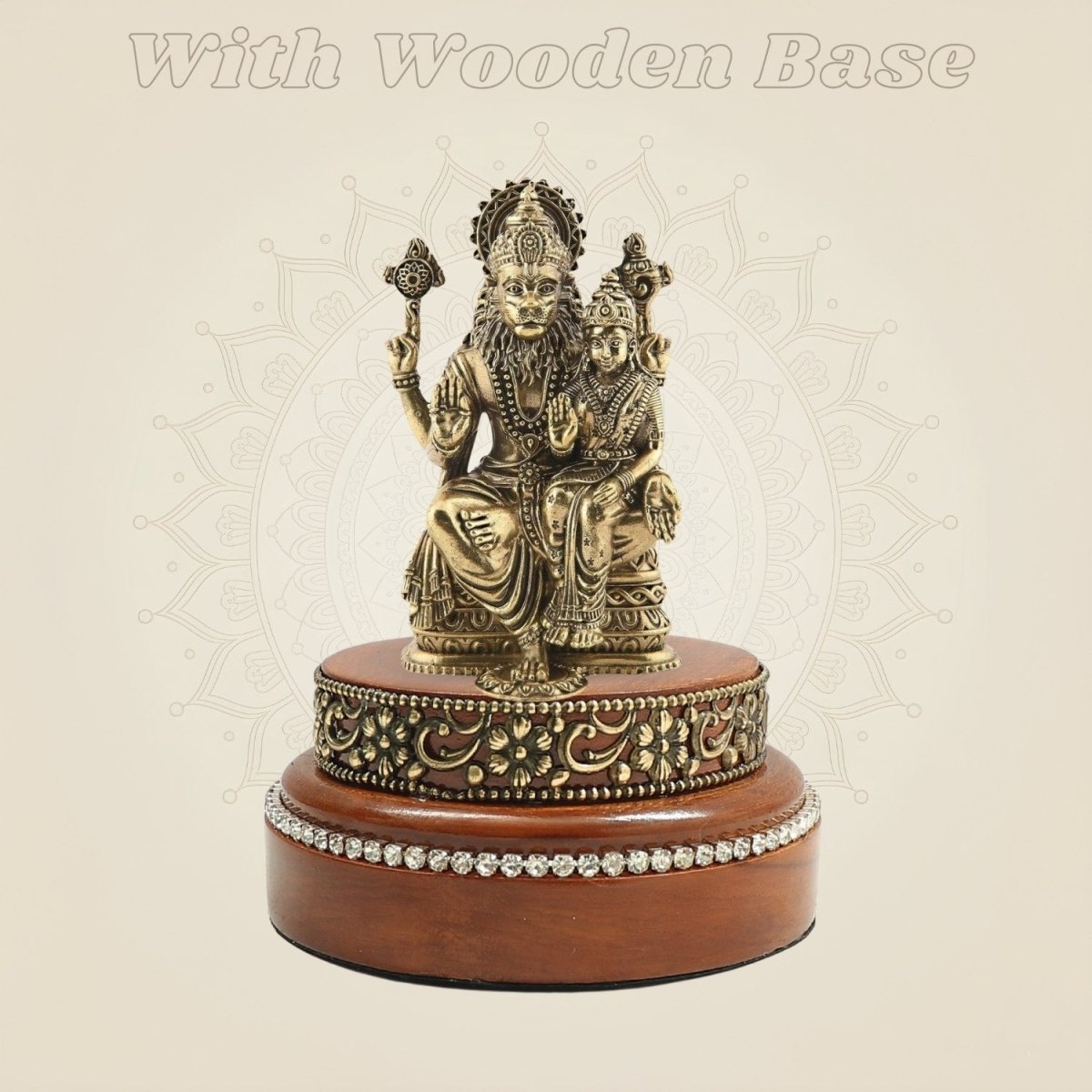 Narasimha with Lakshmi Brass Statue on a Round Wooden Base