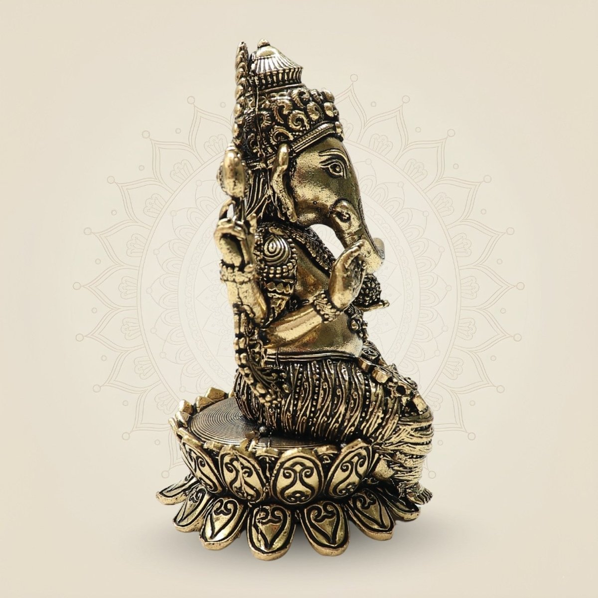 Ornate Brass Ganesha Idol 4"– Seated Ganpati Statue with Detailed Lotus Base - Luxeartisanship