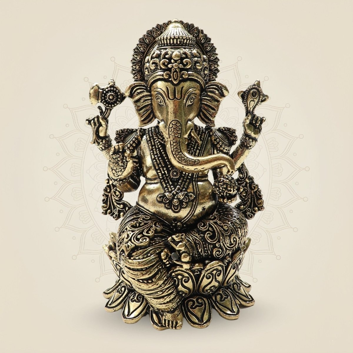 Ornate Brass Ganesha Idol 4"– Seated Ganpati Statue with Detailed Lotus Base - Luxeartisanship