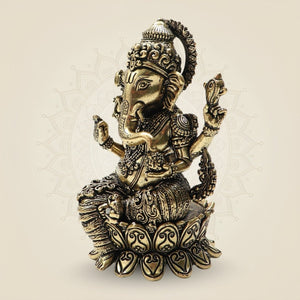 Ornate Brass Ganesha Idol 4"– Seated Ganpati Statue with Detailed Lotus Base - Luxeartisanship