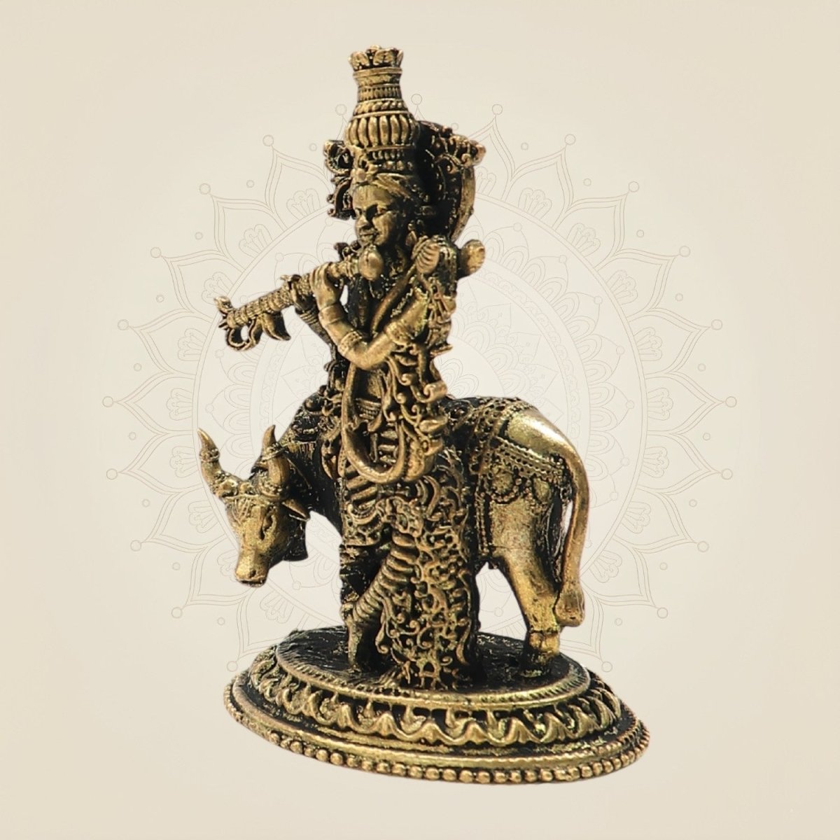Bronze Krishna Idol Playing Flute with Cow