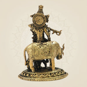 Bronze Krishna Idol Playing Flute with Cow