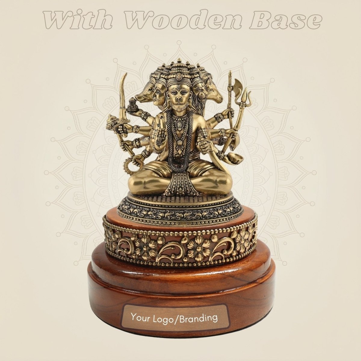 Panchmukhi Hanuman Brass Murti 3" Positioned on a Round Wooden Base - Luxeartisanship