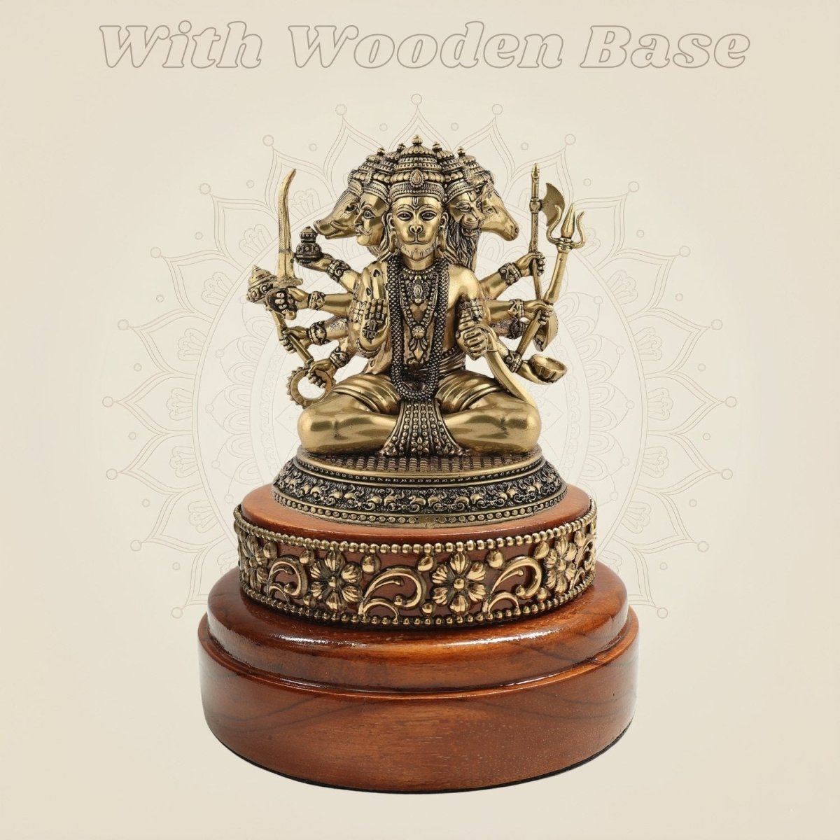 Panchmukhi Hanuman Brass Murti 3" Positioned on a Round Wooden Base - Luxeartisanship