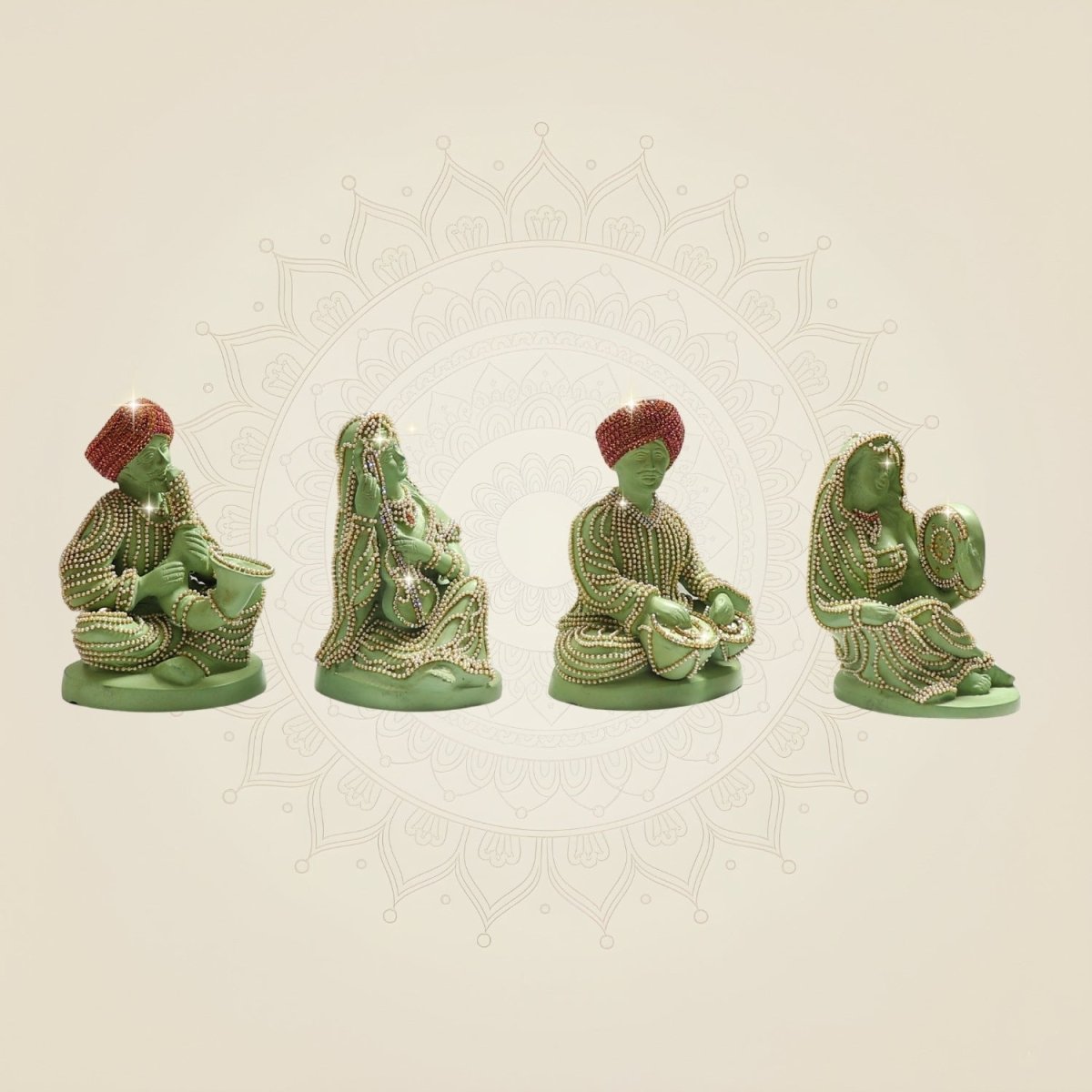 Rajasthani Musician Brass set of 4 Showpiece with Jewellery Stone Work Decor - Luxeartisanship