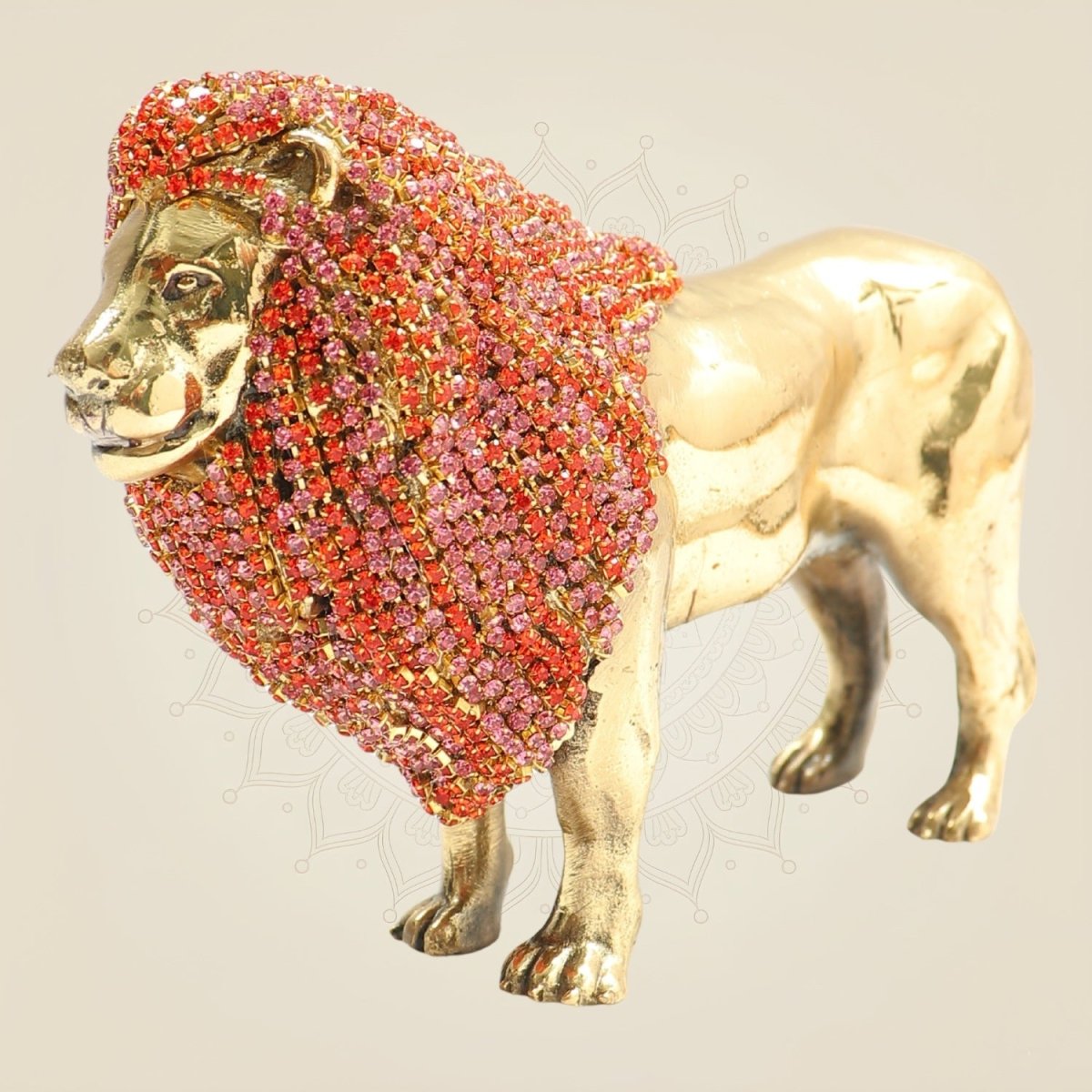 Regal Brass Lion Figurine with Rhinestone Work