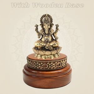 Seated Lord Ganesh Brass Idol 4" on Carved Wooden Base for Pooja - Luxeartisanship