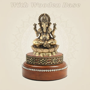 Seated Lord Ganesh Brass Idol 4" on Carved Wooden Base for Pooja - Luxeartisanship
