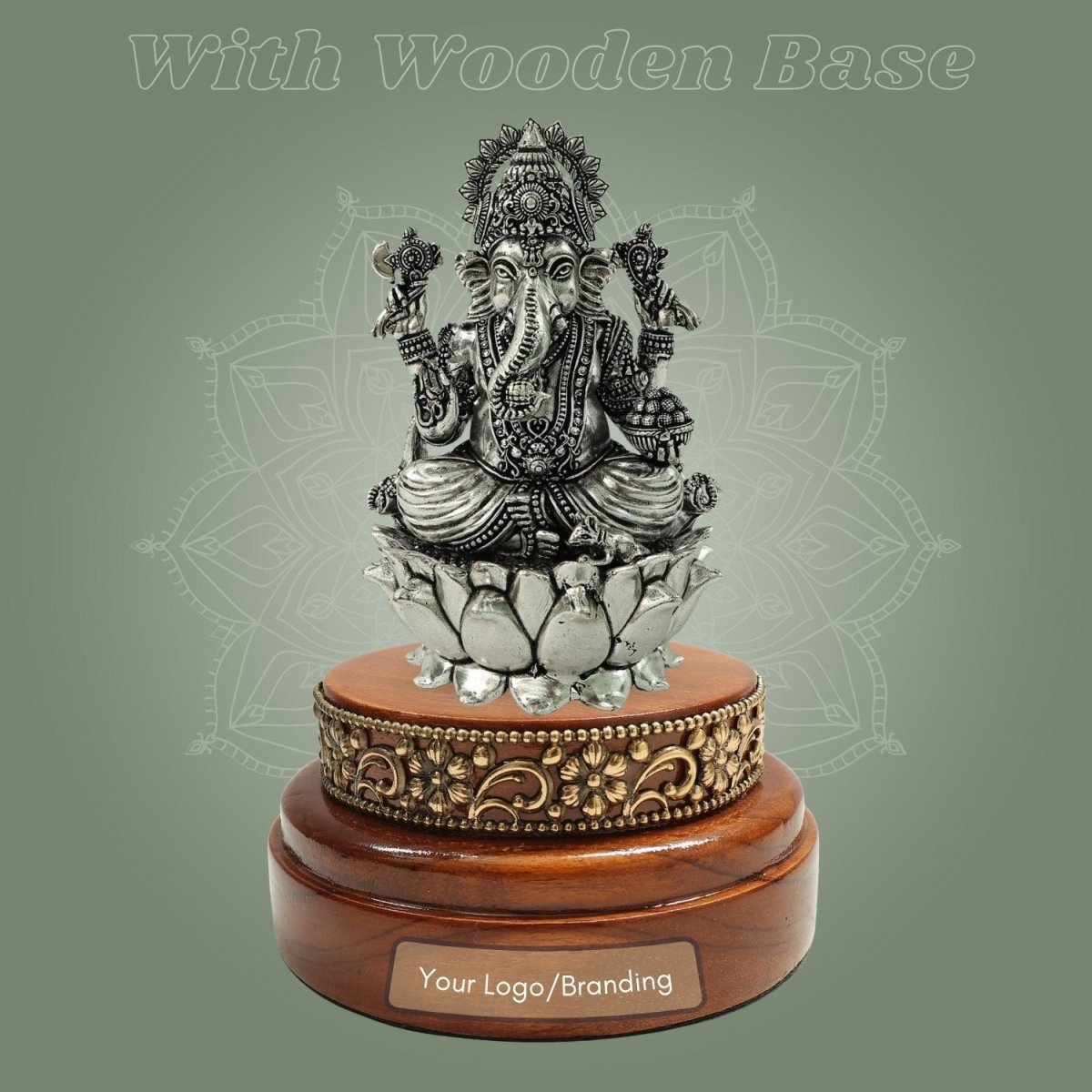 Silver - Plated Brass Chaturbhuja Ganesh Idol 5″ with Round Wooden Base - Luxeartisanship