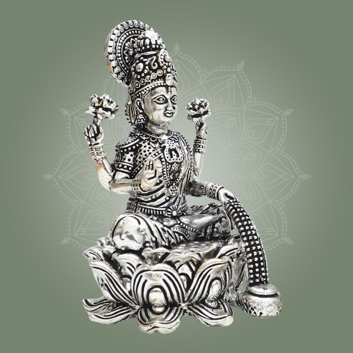 Silver Plated Goddess Lakshmi Lotus Base Brass Statue 4" - Luxeartisanship