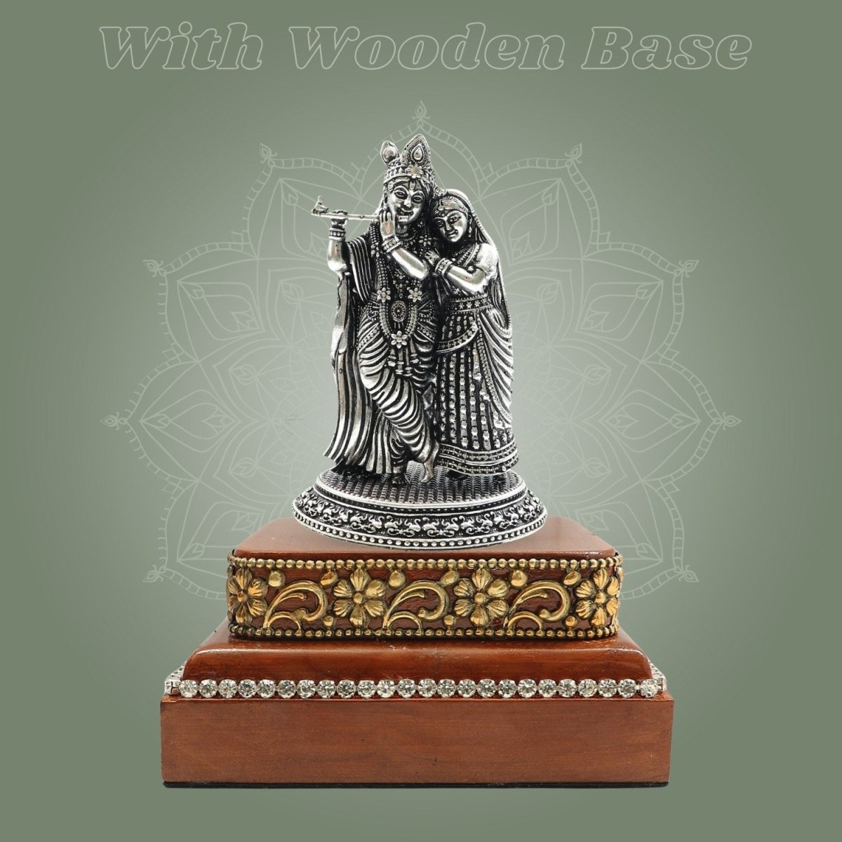Silver - Plated Radha Krishna Brass Statue (4.25″), Finished with a Smooth Square Wooden Base - Luxeartisanship