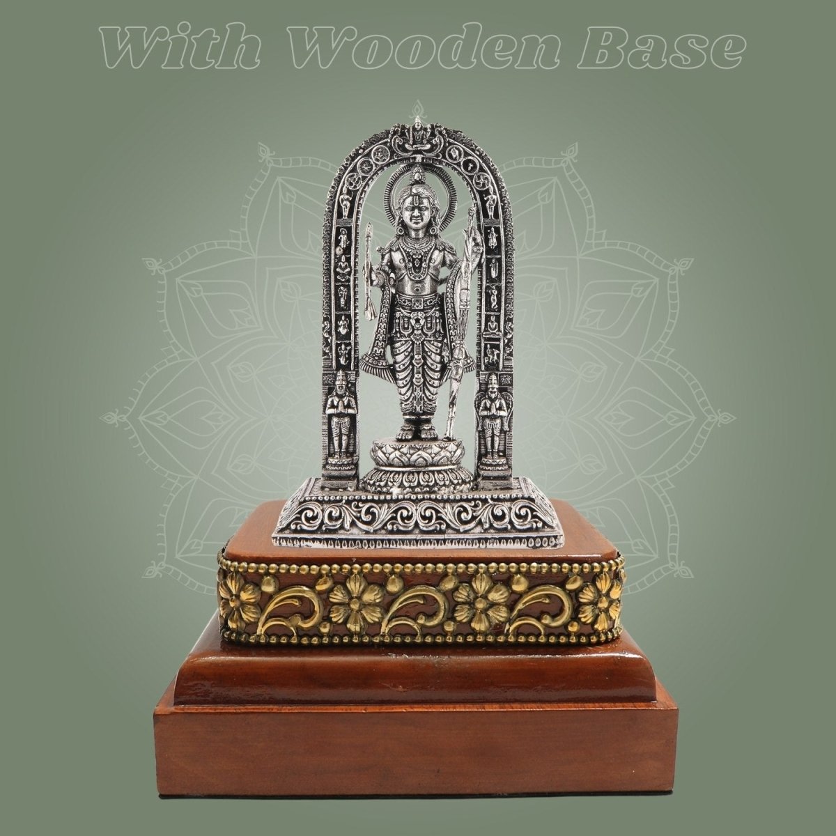 Silver Plated Ram Lalla Brass Idol (4″) with Polished Square Wooden Stand - Luxeartisanship