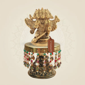 Small Size 5.25" Brass Panchmukhi Hanuman Statue on Decorative Chowki - Luxeartisanship