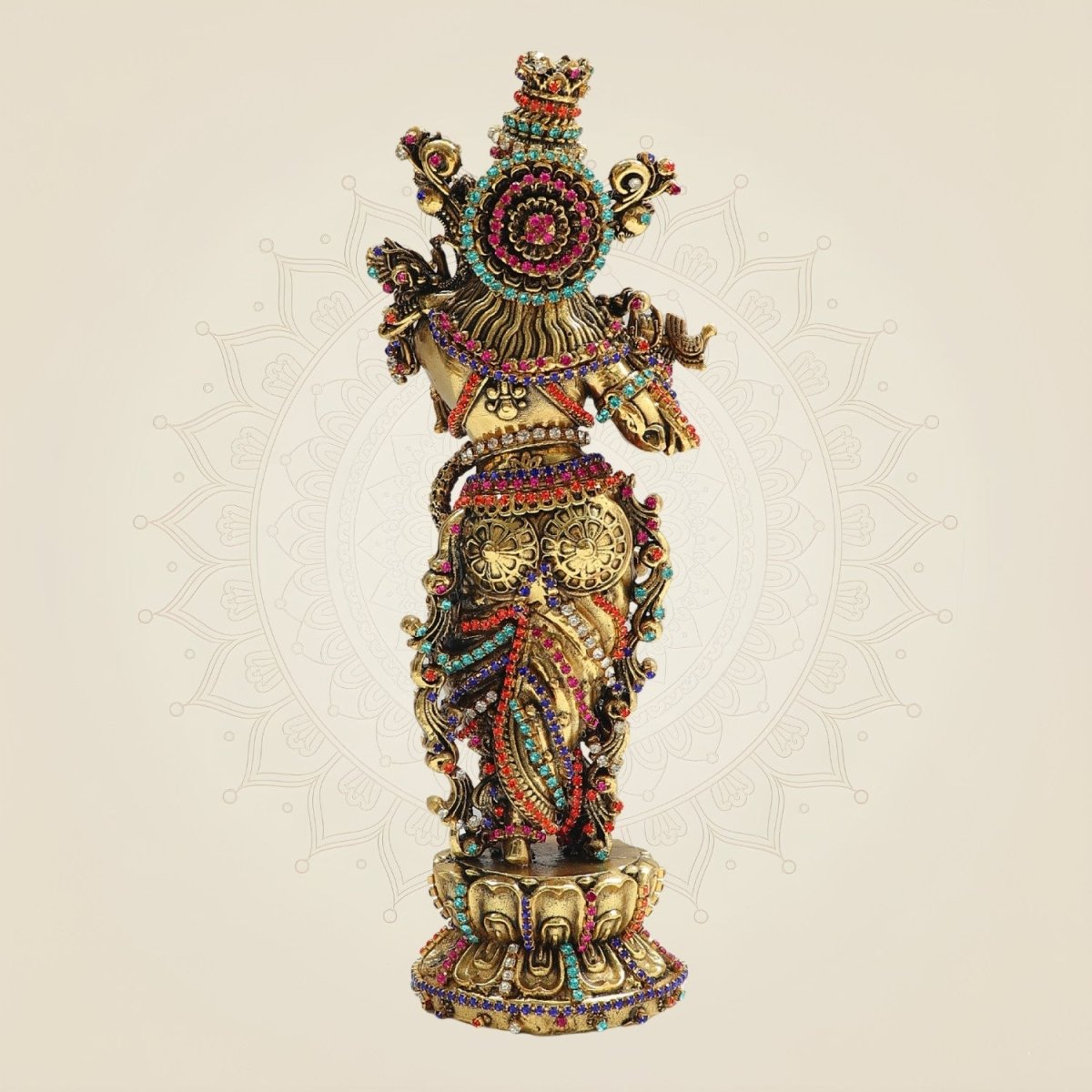 South Indian Krishna Brass Idol 7.75" with Multicolour Rhinestone Stone Work - Luxeartisanship