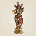 South Indian Krishna Brass Idol 7.75" with Multicolour Rhinestone Stone Work
