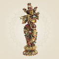 South Indian Krishna Brass Idol 7.75" with Multicolour Rhinestone Stone Work - Luxeartisanship