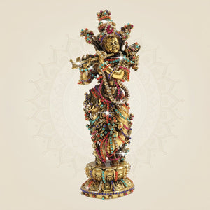 South Indian Krishna Brass Idol 7.75" with Multicolour Rhinestone Stone Work - Luxeartisanship