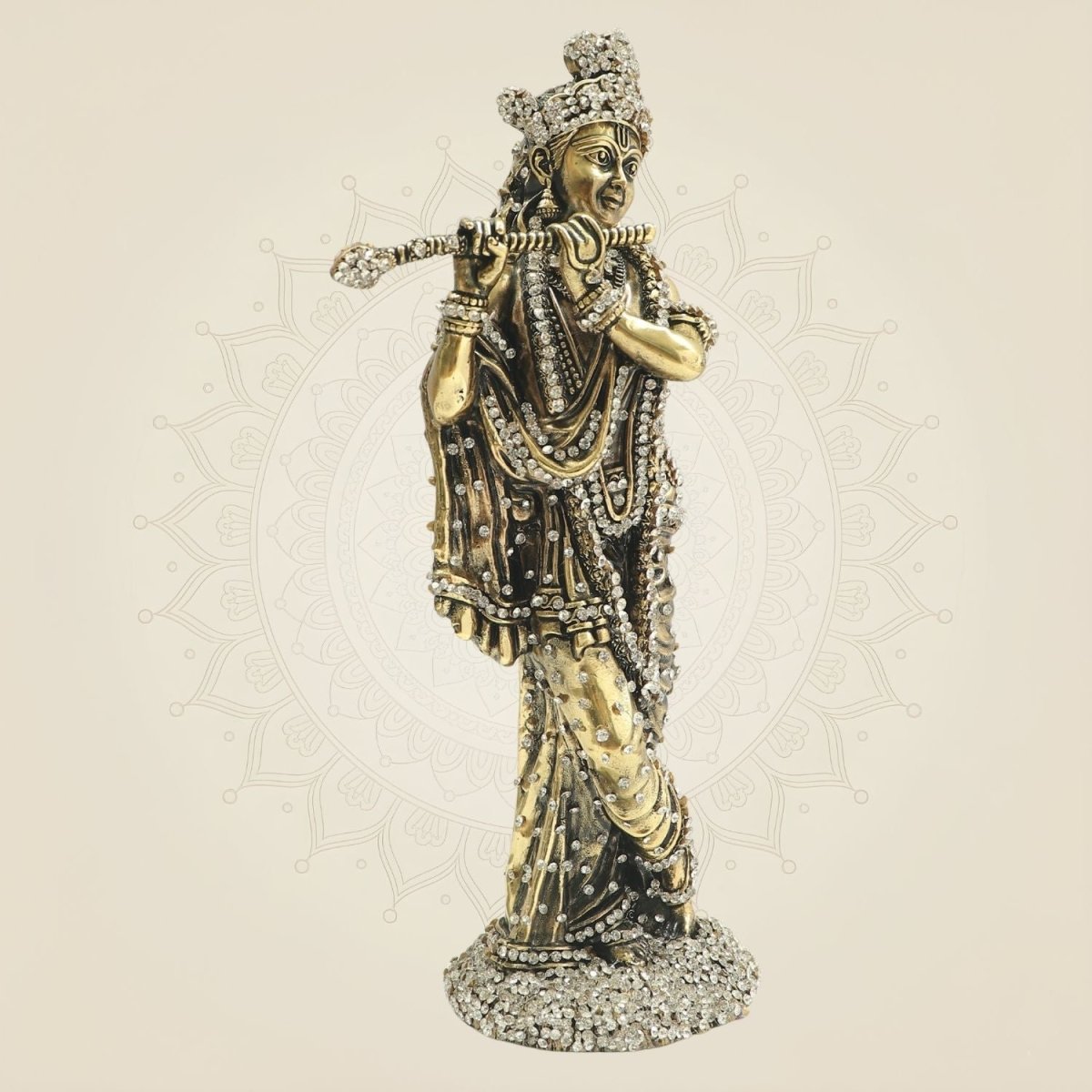Standing Krishna Brass Murti with Flute & Jewellery Stone Work 10" - Luxeartisanship