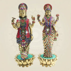 Vishnu - Lakshmi Brass Idol – Stunning Jewellery Stone Work - Luxeartisanship
